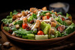 Salade César, Salade composée de produits frais de saison présentée dans un plat sur une table dans la cuisine