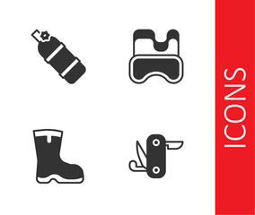 Poster - Set Swiss army knife, Aqualung, Fishing boots and Diving mask icon. Vector