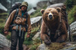 A hiker with bear hiking in a mountain, together, active healthy lifestyle adventure journey, generative ai