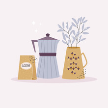 Vector Illustration Of A Coffee Kettle, Coffee Bag Package And Decorative Plant