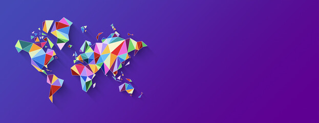 World map shape made of colorful polygons. 3D illustration on a purple background. Horizontal banner