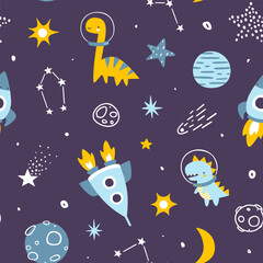 Wall Mural - cute space pattern with dino astronauts. seamless vector cosmic print with dinosaurs for baby boys.