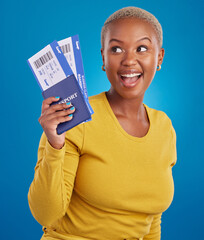 Sticker - Smile, travel passport and black woman in studio on blue background with flight documents, tickets and ID. Traveling mockup, happy and girl celebrate immigration, holiday and international vacation