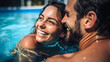 Happy couple has fun in the pool and enjoys the summer. Smiling and laughin at sunshine. Generative Ai