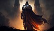 © andrenascimento - Dark fantasy knight in shining armor, cape, sword, castle, sunrise, digital art, artistic. Generative AI.