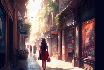 Shopping tourist woman walking on the shopping center street background. People and travel concept. Digital art illustration. Generative AI