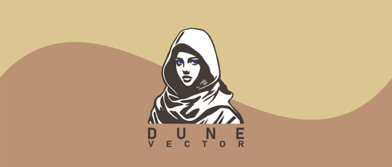 Wall Mural - Vector portrait of a beautiful young girl with blue eyes and in a hood against the background of sand dunes. Logo, sticker or icon.