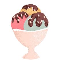 Hand Drawn Illustration Of Ice Cream In Cup Bowl, Retro Vintage Style. Pink Mint Yellow Round Shape With Chocolate, Sweet Tasty Summer Holiday Food, Fun Design For Colorful Beach Art.