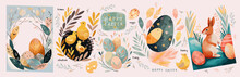 Happy Easter! Vector Hand Drawn Gouache Illustrations Of Bunny, Easter Eggs, Chick, Frame, Logo And Chicken For Background, Greeting Card Or Poster