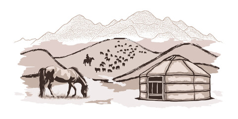 Wall Mural - Sketch on the topic of life in Central Asia, grazing horse and yurt, vector illustration