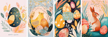 Happy Easter! Vector Hand Drawn Gouache Illustrations Of Bunny, Easter Eggs, Chick, Frame And Pattern For Background, Greeting Card Or Poster