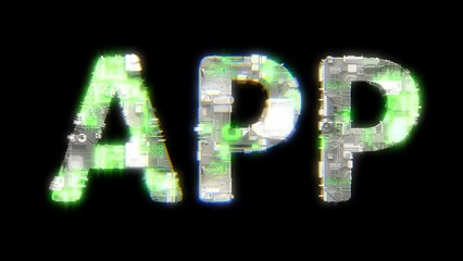 Poster - cybernetic text APP with chromatic aberrance and glitch effects, isolated
