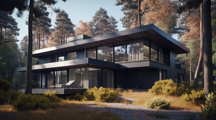 Wall Mural - Modern house with a flat roof in a picturesque setting. Generative AI