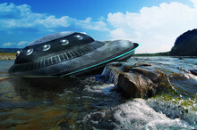UFO, Broken Space Saucer Lies In The Water On The Banks Of A River Or Lake After An Accident And Crash. Landscape With Invasion By Extraterrestrial Space Object