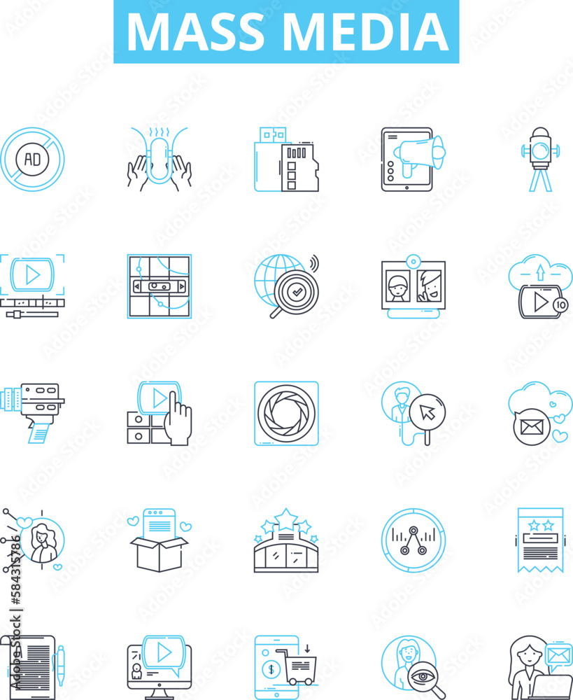 Mass media vector line icons set. Broadcasting, Newspapers, Magazine ...