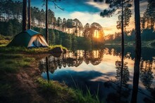 Adventures Camping Tourism And Tent Near Water In Morning And Sunset Sky At Pang Ung Pine Forest Park In Mae Hong Son, Thailand. Generative AI