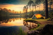 Adventures Camping Tourism And Tent Near Water In Morning And Sunset Sky At Pang Ung Pine Forest Park In Mae Hong Son, Thailand. Generative AI