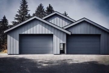 Sticker - Modest country house with triangular roof and large garage in American style house exterior, created with generative ai