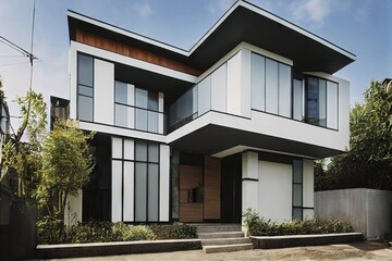 Sticker - Attractive small suburban house with modern design in American style house exterior, created with generative ai