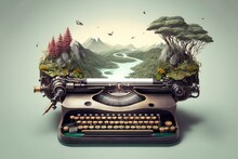 Writer creativity imagination concept illustration, vintage typewriter high angle view flying over natural landscape, copy space on the right. Generative AI