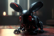 Schwarzer Hasse,  Roboter Fantasie Figur als Maschine Tier mit roten Augen auf Schwarzem hintergrund