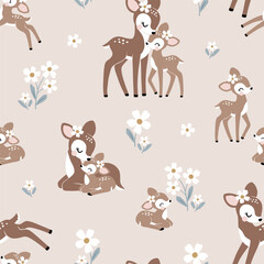 Wall Mural - Seamless vector pattern with cute vintage fawn, mom and baby on floral background. Perfect for textile, wallpaper or print design.