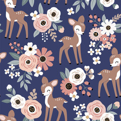 Wall Mural - Seamless vector pattern with cute vintage fawn on floral background. Perfect for textile, wallpaper or print design.