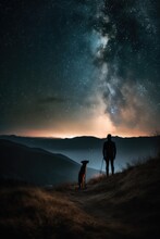 Man And Dog Silhouette Mountains Starry Sky Starr Gazing Milky Stars Night Landscape Far Away Justify Content Center Heroic, Generative Ai