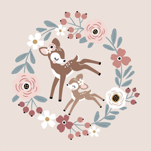 Cute Vintage Fawn Mom And Baby With Summer Flowers.  Perfect For Tee Shirt Logo, Greeting Card, Poster, Invitation Or Print Design.