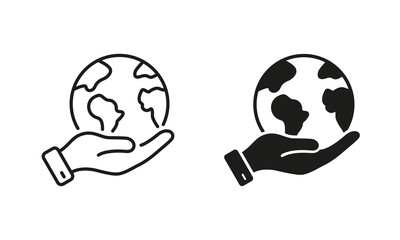 Hand Hold Planet Earth Line and Silhouette Icon Set. Human Protect Environmental Bio Pictogram. Global Peace, Support, Help, Save Symbol Collection on White Background. Isolated Vector Illustration