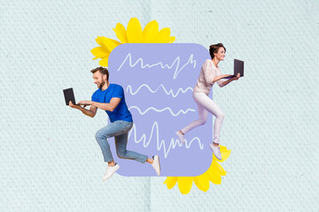 Sticker - Creative photo collage of two young students chatting all day together remote telegram conversation hold netbooks isolated on blue background