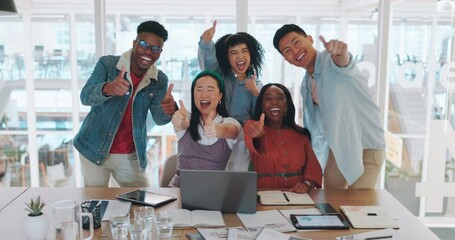 Canvas Print - Collaboration, motivation and thumbs up with a business team in celebration of success together at work. Portrait, teamwork or diversity with a man and woman winner employee group celebrating victory