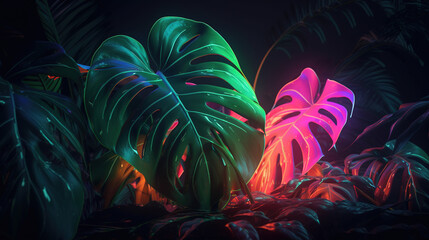 Wall Mural - Lush colorful tropical leaves, dark background. AI	