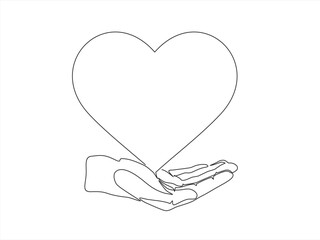 Wall Mural - Single continuous line of hand holding hearts on a white background. Black thin line of the hands with  hearts.