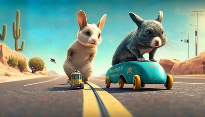 cute little furry animals are skateboarding on the road
