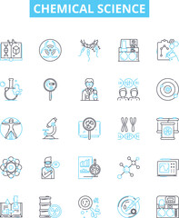 Chemical science vector line icons set. Chemistry, molecules, reactants, compounds, elements, atoms, formulas illustration outline concept symbols and signs