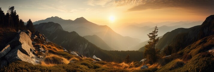 Canvas Print - Mountain landscape at sunset, generative ai