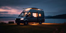 Glowing Light From A Camper Van In A Beautiful Landscape At Dusk. Generative Ai