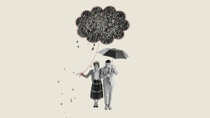 Wall Mural - Couple walking under umbrella. Woman suffering from obsessive thoughts. Difficulties in relationships. Manipulation. Stop motion, animation. Psychology, inner world, mental health, feelings, art