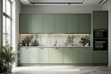 Modern, luxury kitchen with sage green counter cabinet with sink, induction, sunlight from window Generative AI