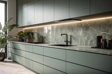 Modern, luxury kitchen with sage green counter cabinet with sink, induction, sunlight from window Generative AI