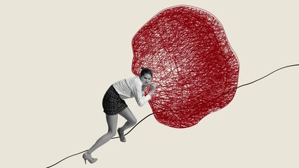 Wall Mural - Hardworking woman pushing tangled abstract ball upwards difficult road. Overcoming difficulties. Stop motion, animation. Concept of motivation, personal achievements, ambitions, growth. Conceptual art