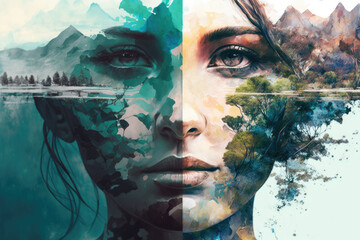  Nature's Reflection, double exposure portrait, Generative Ai
