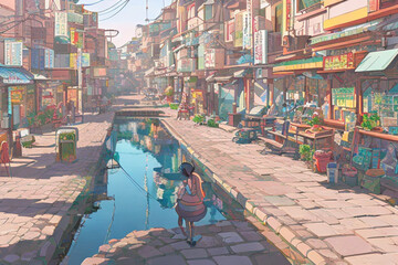 A valley full of shops and people, studio ghibli art style, vintage anime art, Generative AI