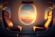Luxury first class passenger plane interior with sunset view trough window and chairs . Generative AI