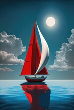 Image Of Red Sailing Boat On Sea Over Sun And Blue Sky, Created Using Generative Ai Technology