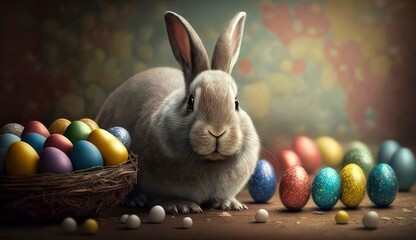 Wall Mural - Happy Easter Bunny with many colorful easter eggs. Generative AI.