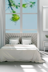 Wall Mural - Bed in the bedroom in a Scandinavian minimalist style. Light pillows on the bed. 3D Render