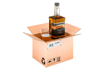 Wall Mural - Whiskey bottle and full glass of whiskey inside cardboard box, delivery concept. 3D rendering