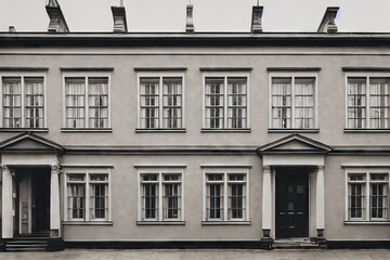 Sticker - Large grey facade of building with windows english style house exterior, created with generative ai